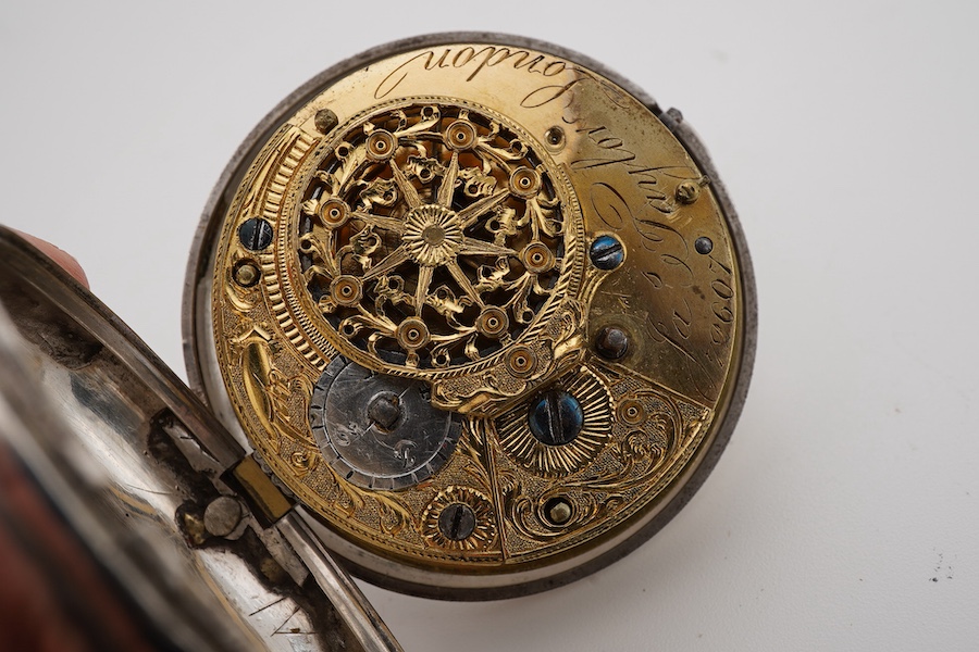 A George III silver pair cased verge pocket watch, by James Taylor of London, with Roman dial, the signed movement numbered 72607, case diameter 52mm.